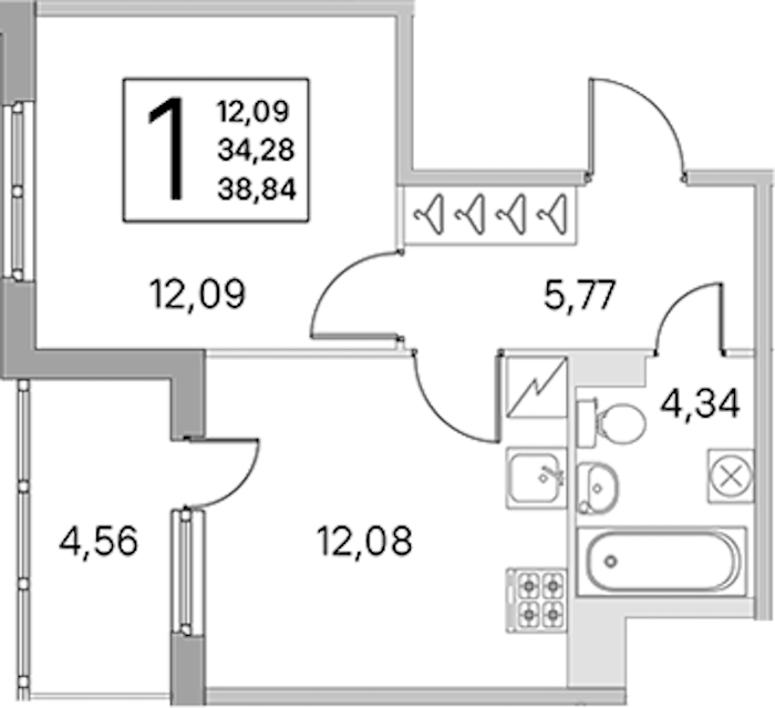 1-комнатная квартира 34.28 м², 4/5 эт., ЖК «ЮгТаун. Олимпийские кварталы»